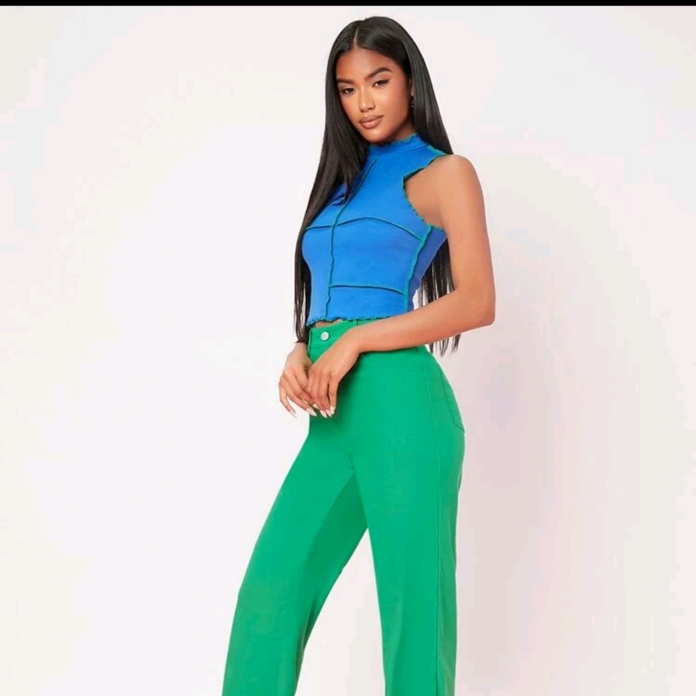 🌞 5 For $25 New Blue & Green Mock Neck Lettuce Trim Seam Front Tank Top XL - Picture 4 of 7